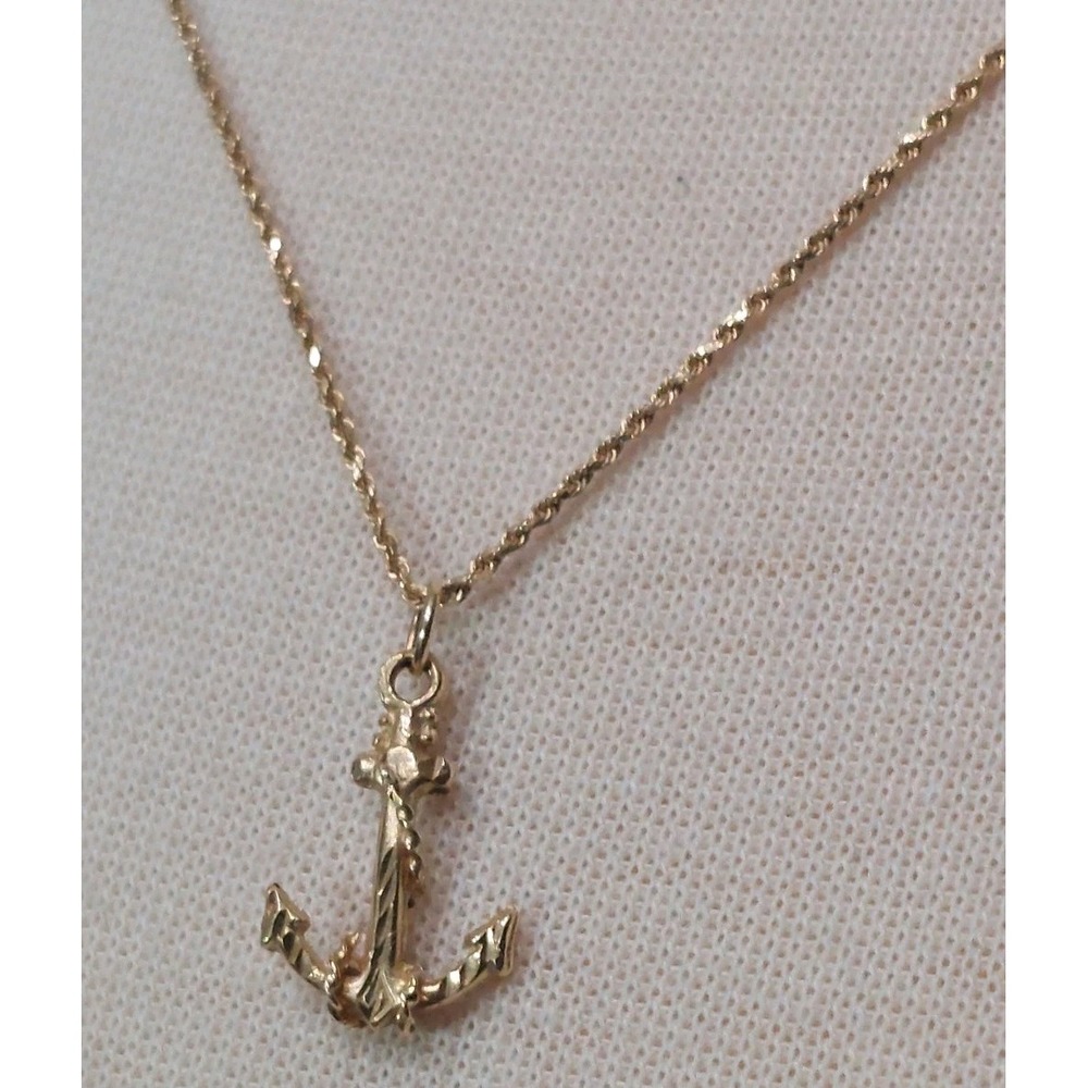 14K Gold Anchor Necklace Nautical Rope Chain Maritime Pendant 20" Vintage 4.4 g